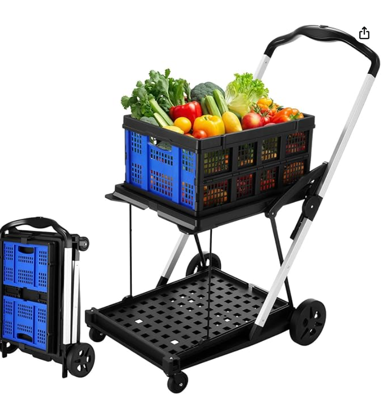 Folding Shopping Cart Trolley with Storage Crate Two Tier Collapsible Cart with 